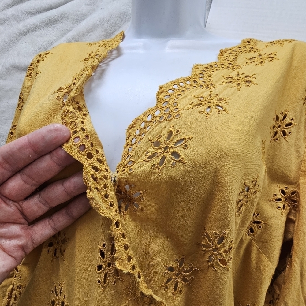 Madewell Scalloped Eyelet Wrap Blouse Mustard Yellow Boho Top - Picture 7 of 15